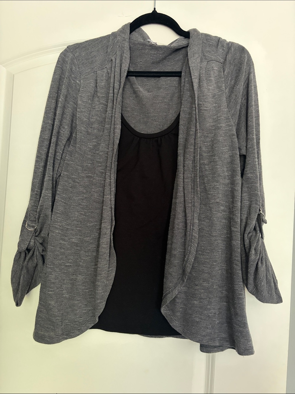 Notations Gray Draped Open Cardigan with Black Tank